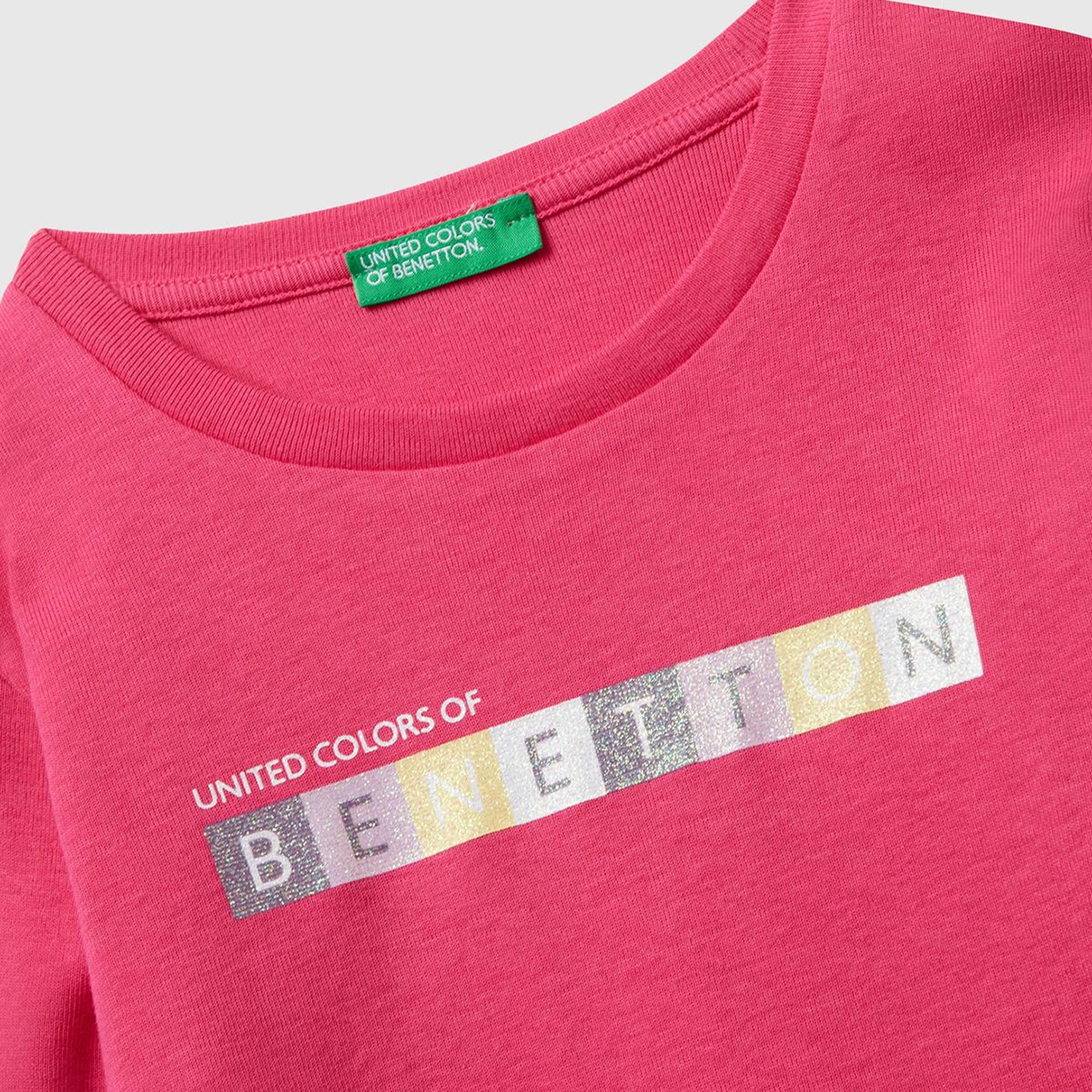 Kız Çocuk Pembe Önü Parıltılı Logo Baskılı Slim Fit Uzun Kollu T-shirt