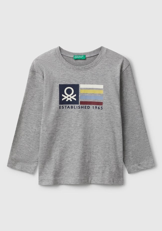  Erkek Çocuk Gri Melanj Organik Pamuklu Önü Logo Baskılı Uzun Kollu Jarse T-shirt