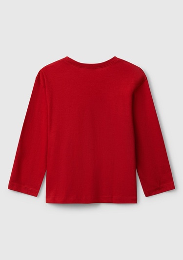  Erkek Çocuk Kırmızı Organik Pamuklu Önü Logo Baskılı Uzun Kollu Jarse T-shirt