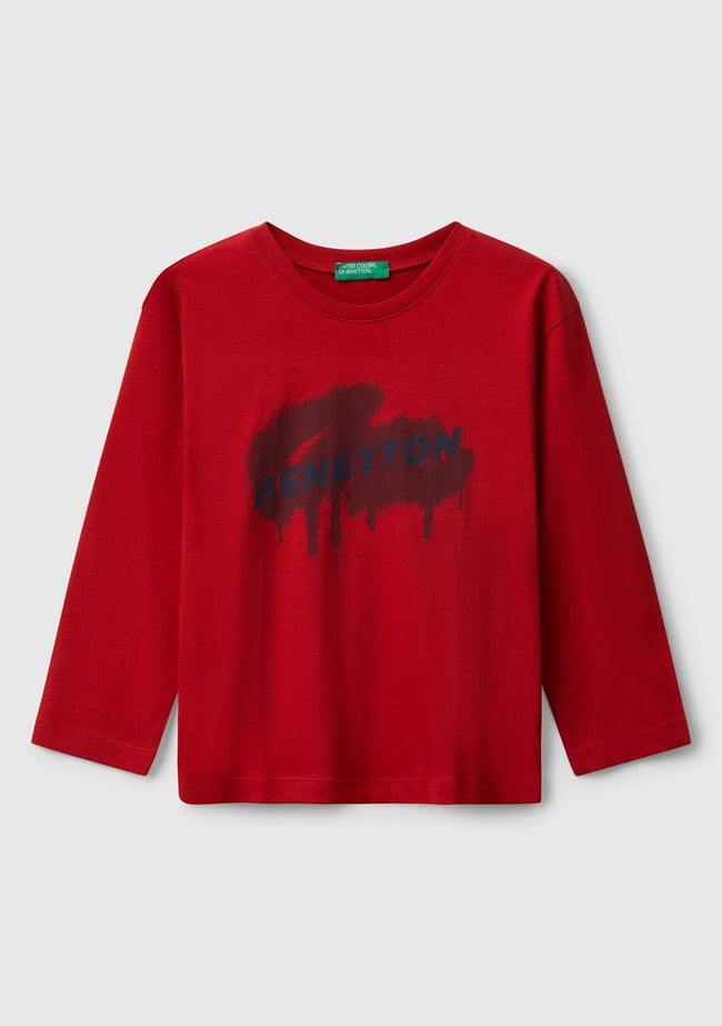  Erkek Çocuk Kırmızı Organik Pamuklu Önü Logo Baskılı Uzun Kollu Jarse T-shirt