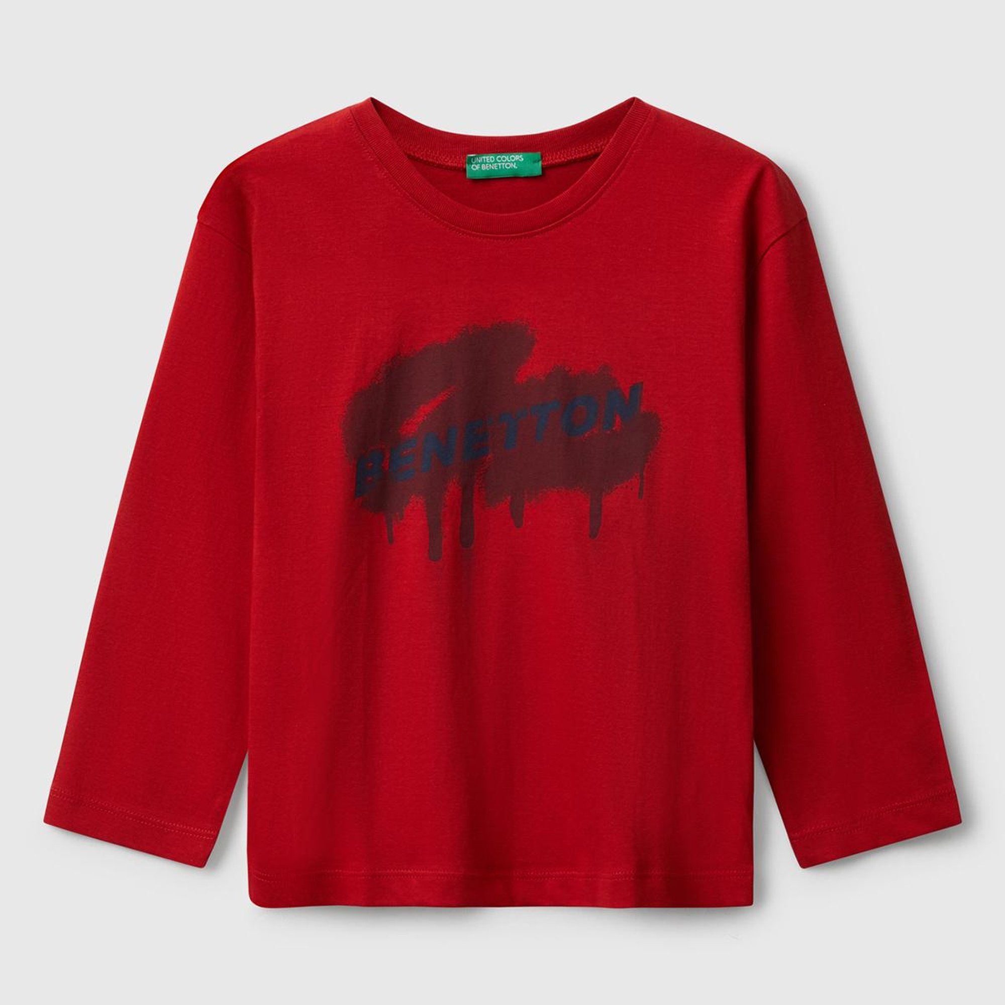 Erkek Çocuk Kırmızı Organik Pamuklu Önü Logo Baskılı Uzun Kollu Jarse T-shirt