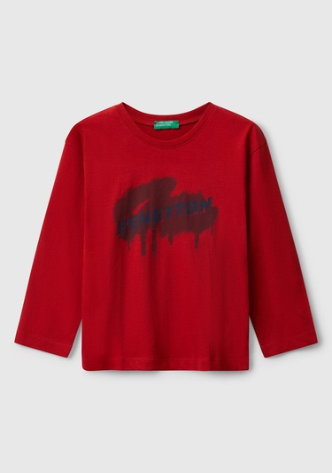  Erkek Çocuk Kırmızı Organik Pamuklu Önü Logo Baskılı Uzun Kollu Jarse T-shirt