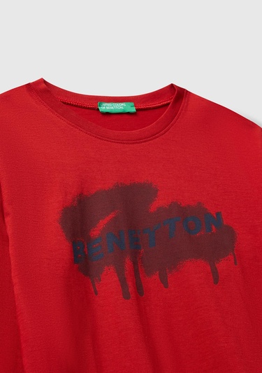  Erkek Çocuk Kırmızı Organik Pamuklu Önü Logo Baskılı Uzun Kollu Jarse T-shirt