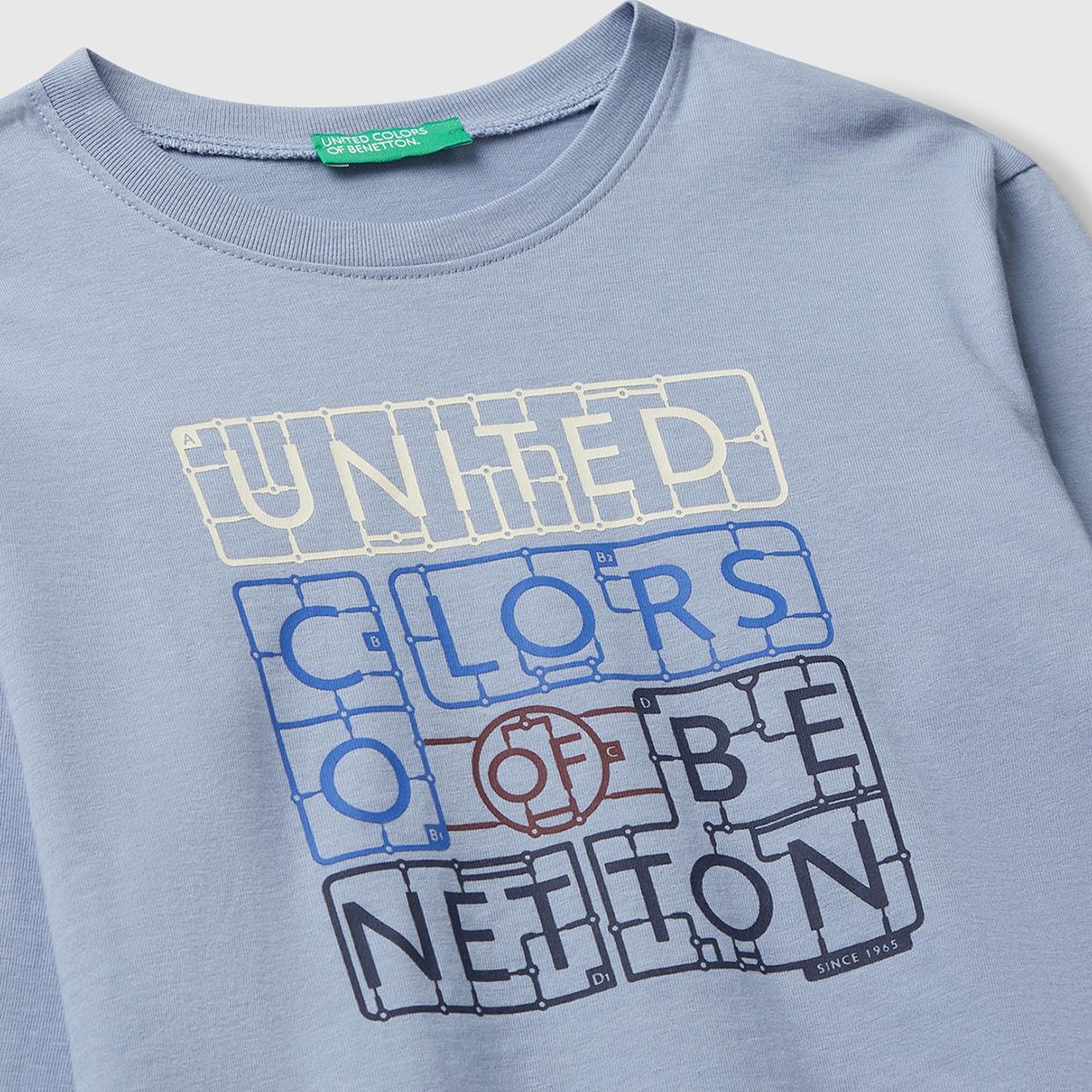 Erkek Çocuk Mavi Organik Pamuklu Önü Logo Baskılı Uzun Kollu Jarse T-shirt