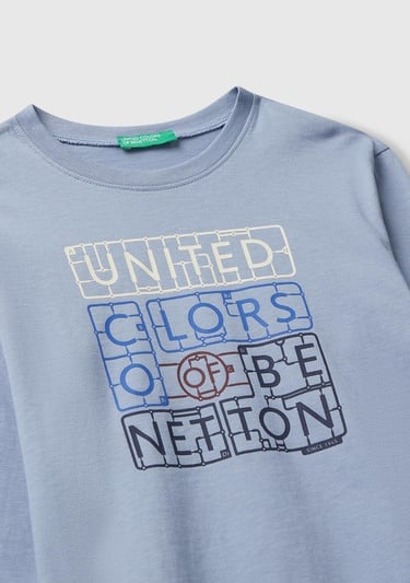  Erkek Çocuk Mavi Organik Pamuklu Önü Logo Baskılı Uzun Kollu Jarse T-shirt