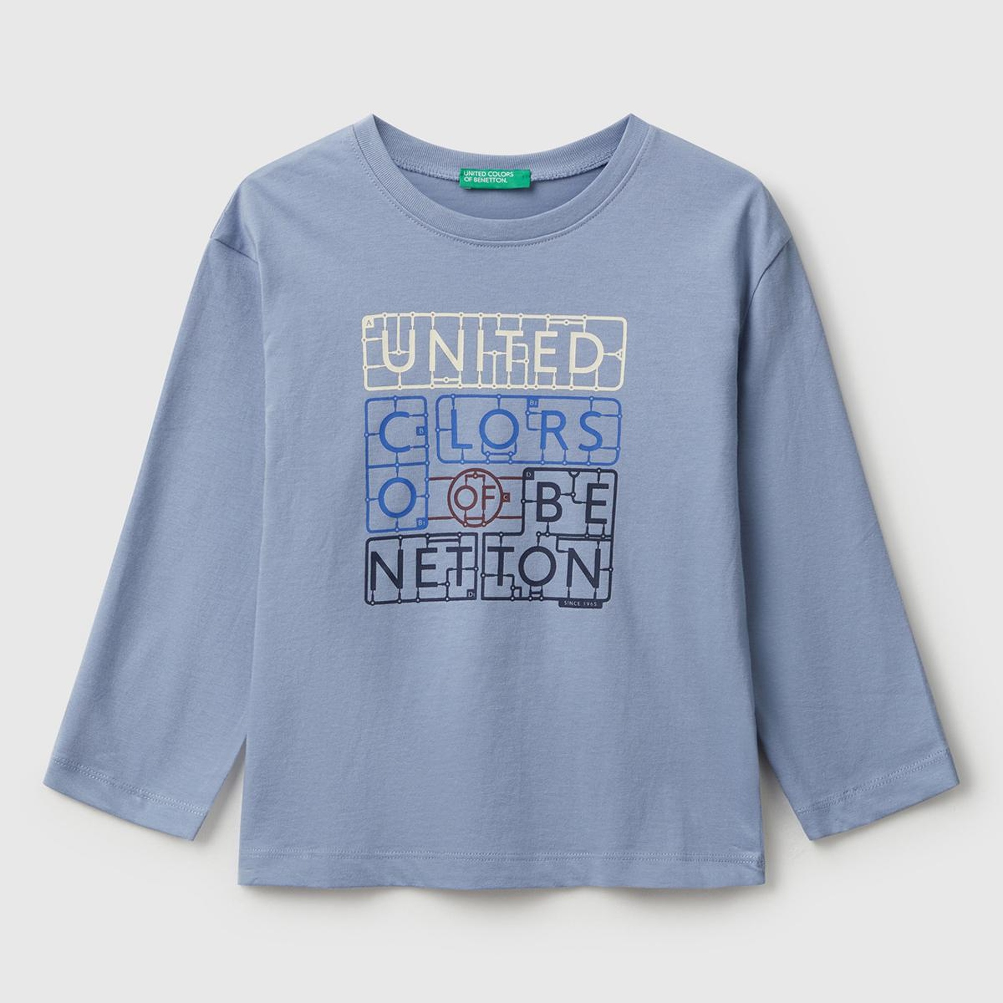 Erkek Çocuk Mavi Organik Pamuklu Önü Logo Baskılı Uzun Kollu Jarse T-shirt