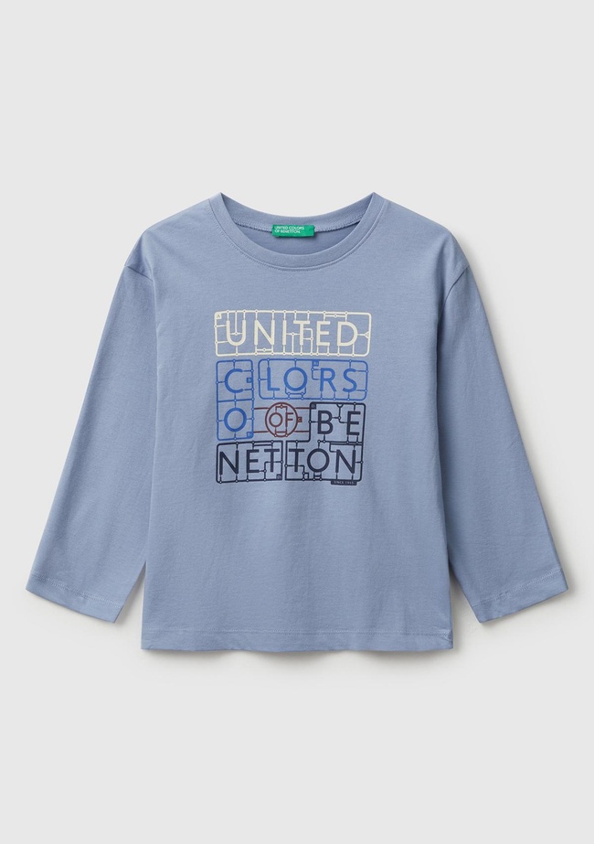  Erkek Çocuk Mavi Organik Pamuklu Önü Logo Baskılı Uzun Kollu Jarse T-shirt