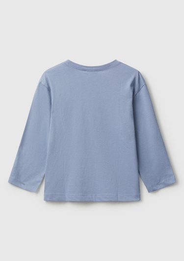  Erkek Çocuk Mavi Organik Pamuklu Önü Logo Baskılı Uzun Kollu Jarse T-shirt
