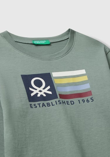  Erkek Çocuk Haki Organik Pamuklu Önü Logo Baskılı Uzun Kollu Jarse T-shirt