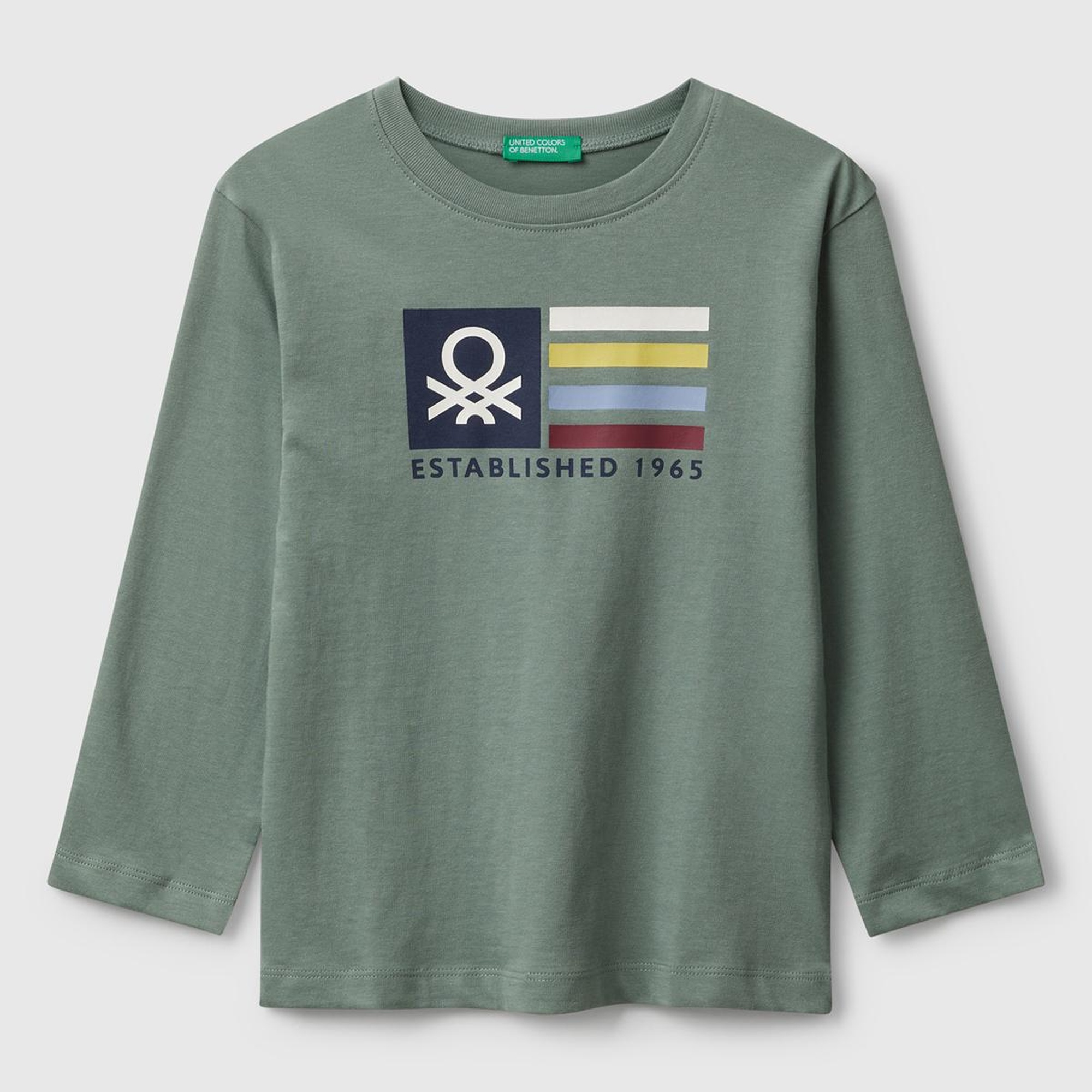 Erkek Çocuk Haki Organik Pamuklu Önü Logo Baskılı Uzun Kollu Jarse T-shirt