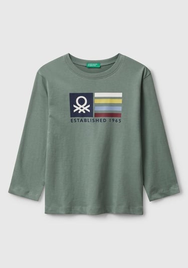  Erkek Çocuk Haki Organik Pamuklu Önü Logo Baskılı Uzun Kollu Jarse T-shirt