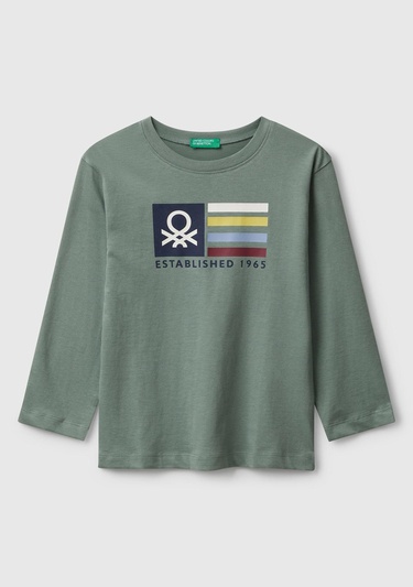  Erkek Çocuk Haki Organik Pamuklu Önü Logo Baskılı Uzun Kollu Jarse T-shirt