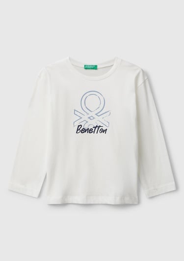  Erkek Çocuk Ekru Organik Pamuklu Önü Logo Baskılı Uzun Kollu Jarse T-shirt