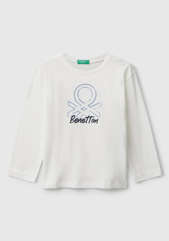  Erkek Çocuk Ekru Organik Pamuklu Önü Logo Baskılı Uzun Kollu Jarse T-shirt