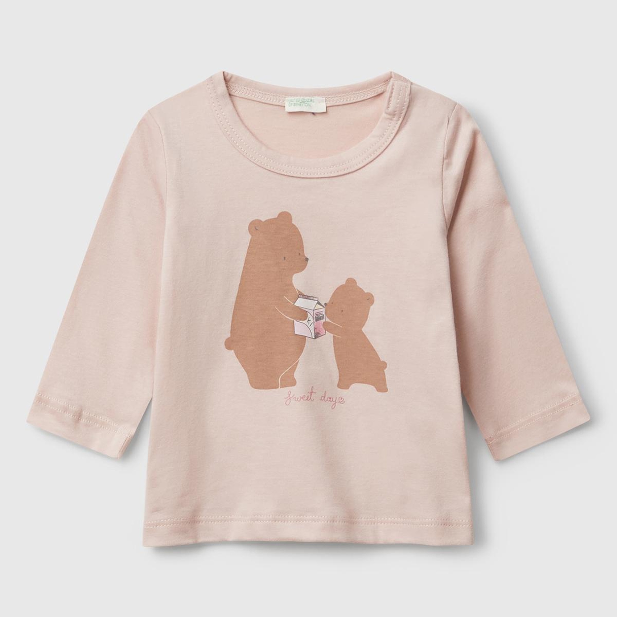 Bebek Toz Pembe Önü Baskılı Gizli Düğmeli Uzun Kollu T-shirt