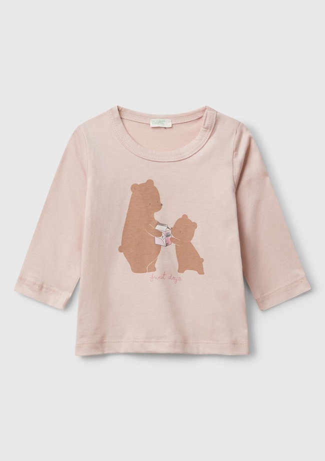  Bebek Toz Pembe Önü Baskılı Gizli Düğmeli Uzun Kollu T-shirt