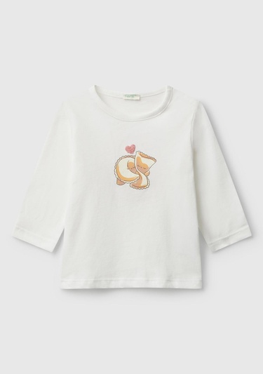  Bebek Beyaz Önü ve Arkası Yama Baskılı Uzun Kollu T-shirt
