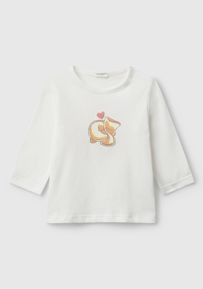  Bebek Beyaz Önü ve Arkası Yama Baskılı Uzun Kollu T-shirt