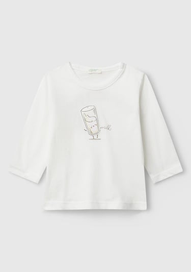  Bebek Ekru Önü ve Arkası Yama Baskılı Uzun Kollu T-shirt