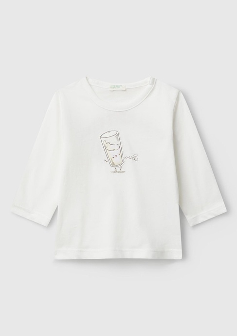  Bebek Ekru Önü ve Arkası Yama Baskılı Uzun Kollu T-shirt