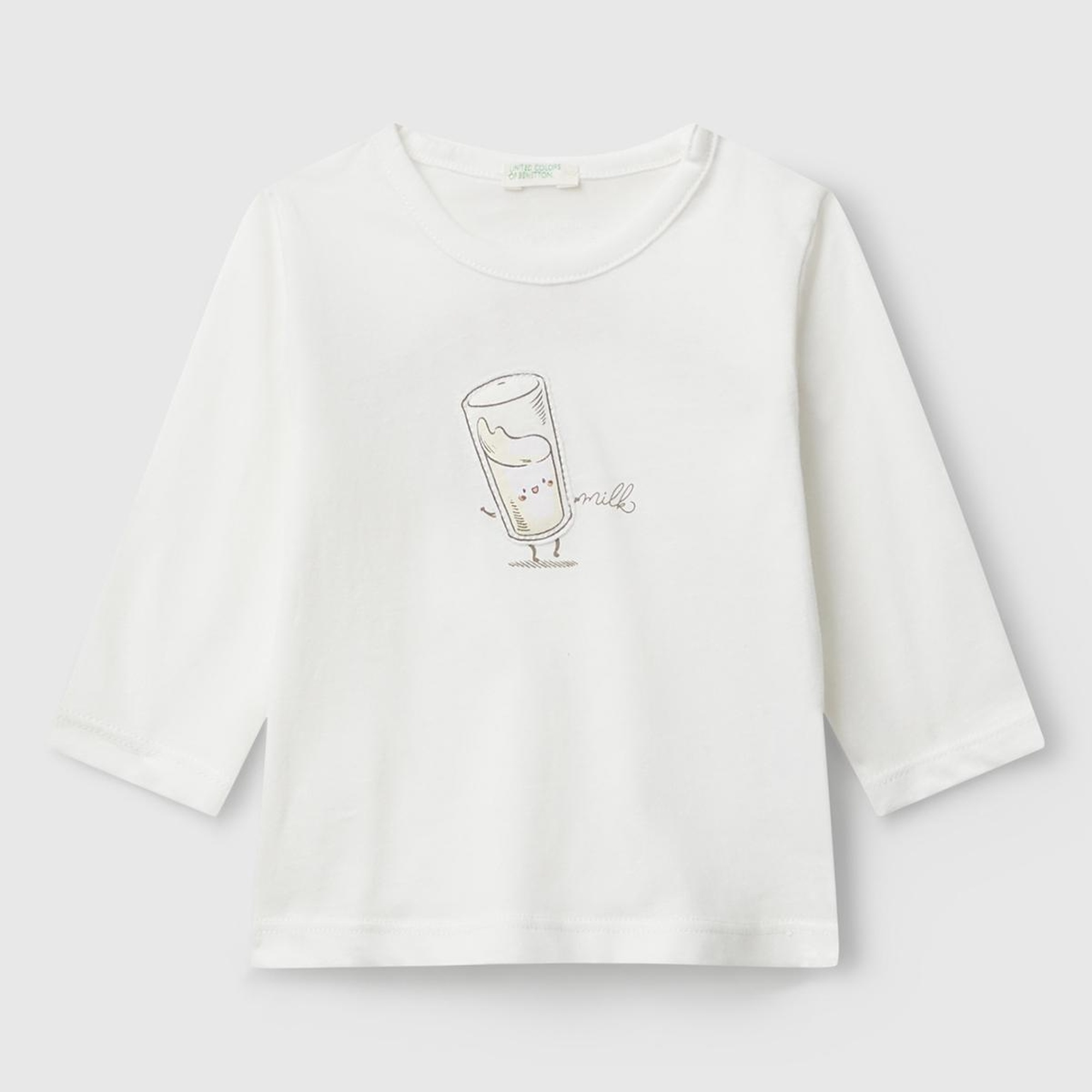 Bebek Ekru Önü ve Arkası Yama Baskılı Uzun Kollu T-shirt