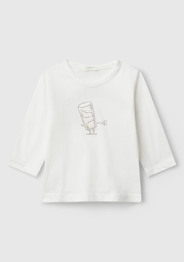  Bebek Ekru Önü ve Arkası Yama Baskılı Uzun Kollu T-shirt
