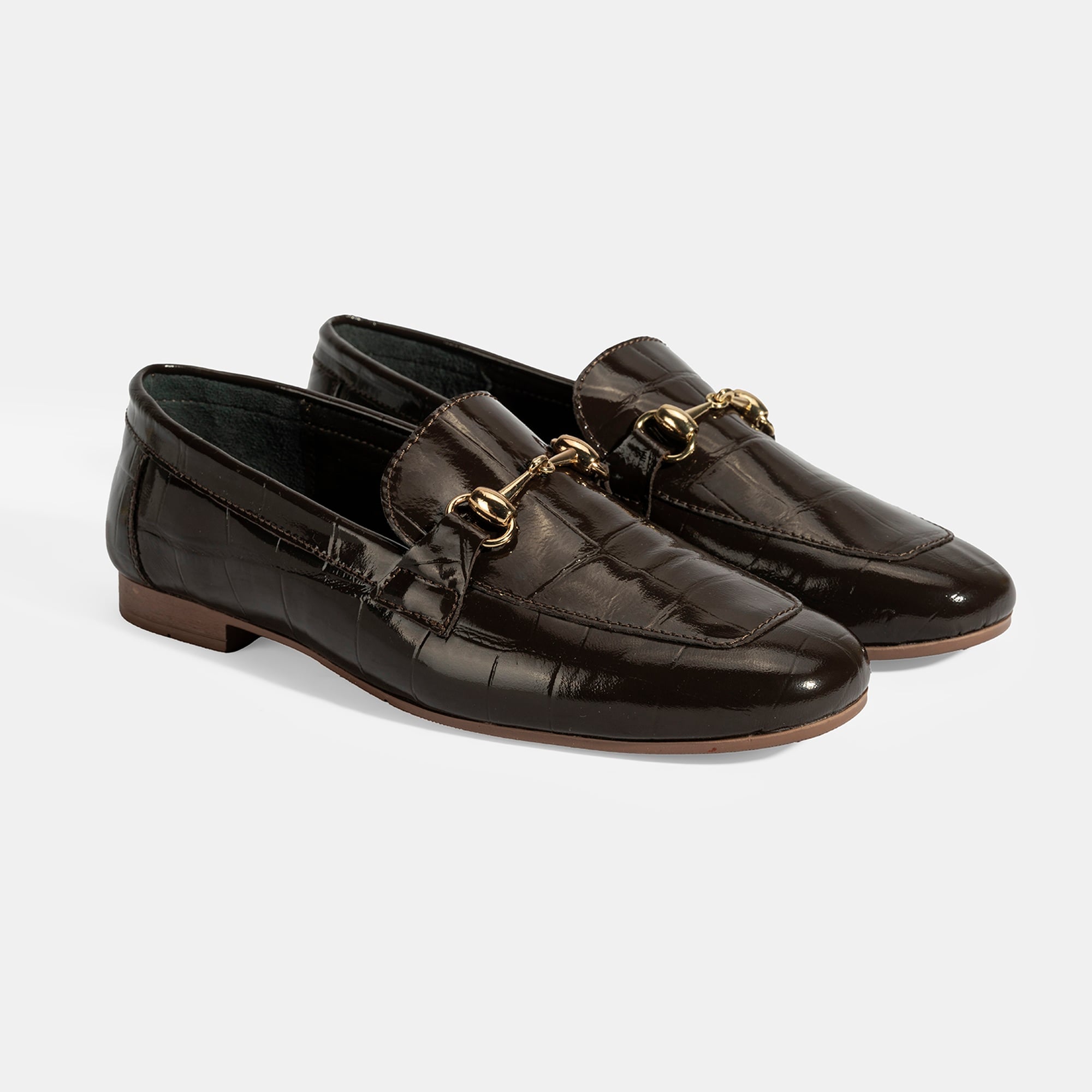 Kadın Kahve Kroko Baskılı Toka Detaylı Deri Loafer