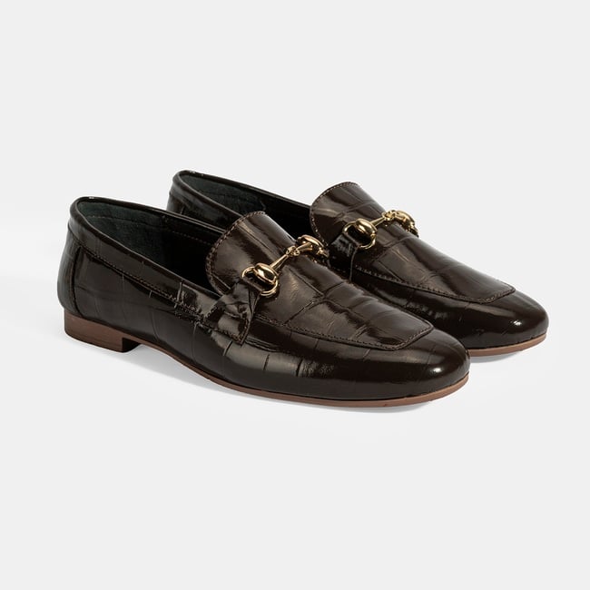  Kadın Kahve Kroko Baskılı Toka Detaylı Deri Loafer