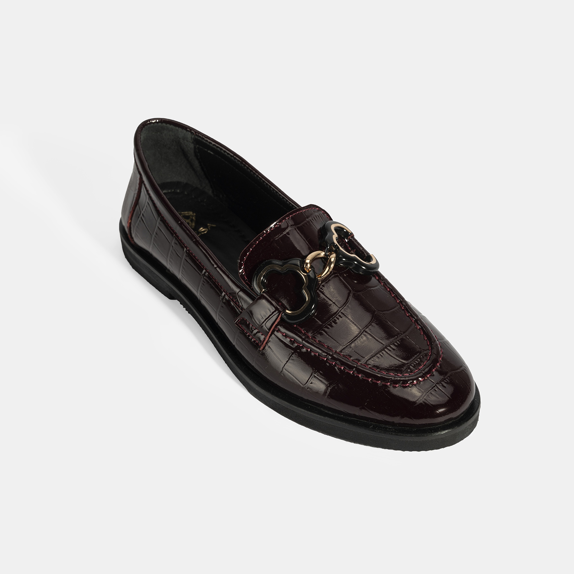 Kadın Bordo Kroko Baskılı Toka Detaylı Deri Loafer