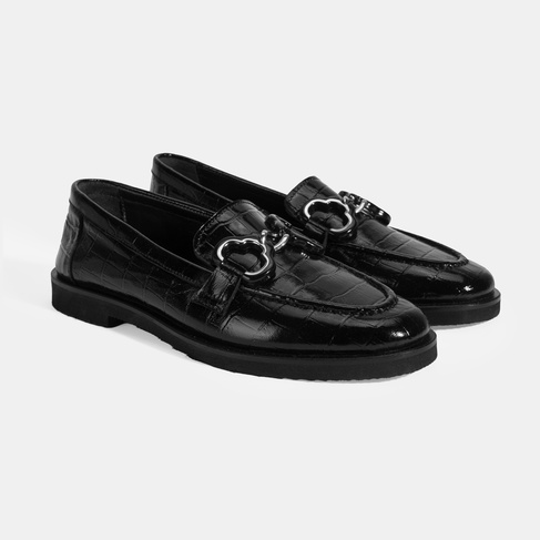  Kadın Siyah Kroko Baskılı Toka Detaylı Deri Loafer