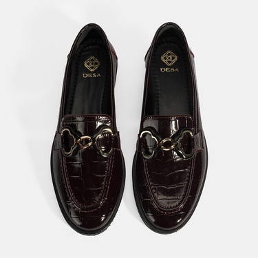  Kadın Bordo Kroko Baskılı Toka Detaylı Deri Loafer