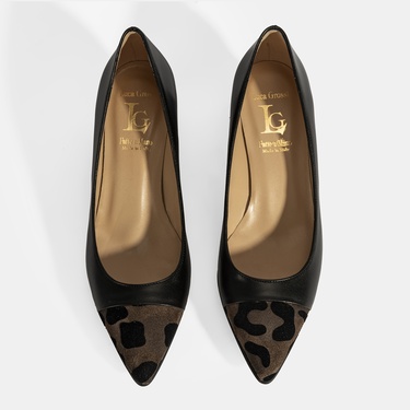  Luca Grossi Kadın Siyah Leopar Detaylı Topuklu Deri Ayakkabı