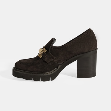  Luca Grossi Kadın Kahve Toka Aksesuarlı Topuklu Süet Loafer