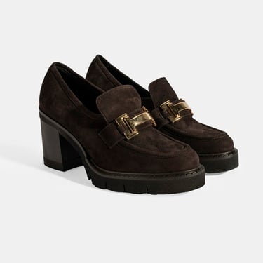  Luca Grossi Kadın Kahve Toka Aksesuarlı Topuklu Süet Loafer