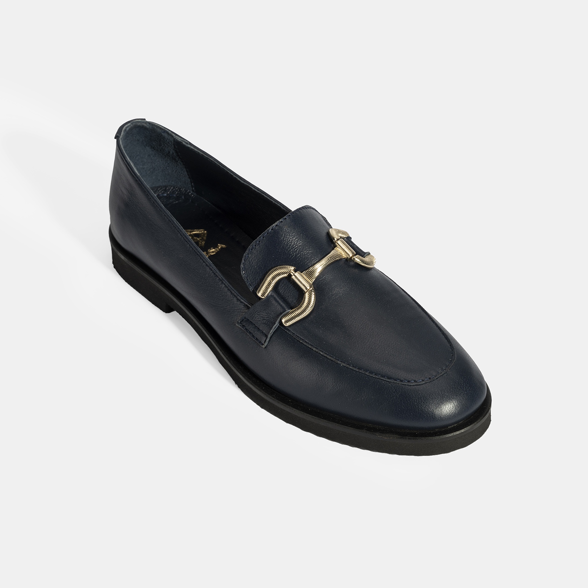 Kadın Lacivert Metal Toka Aksesuarlı Deri Loafer