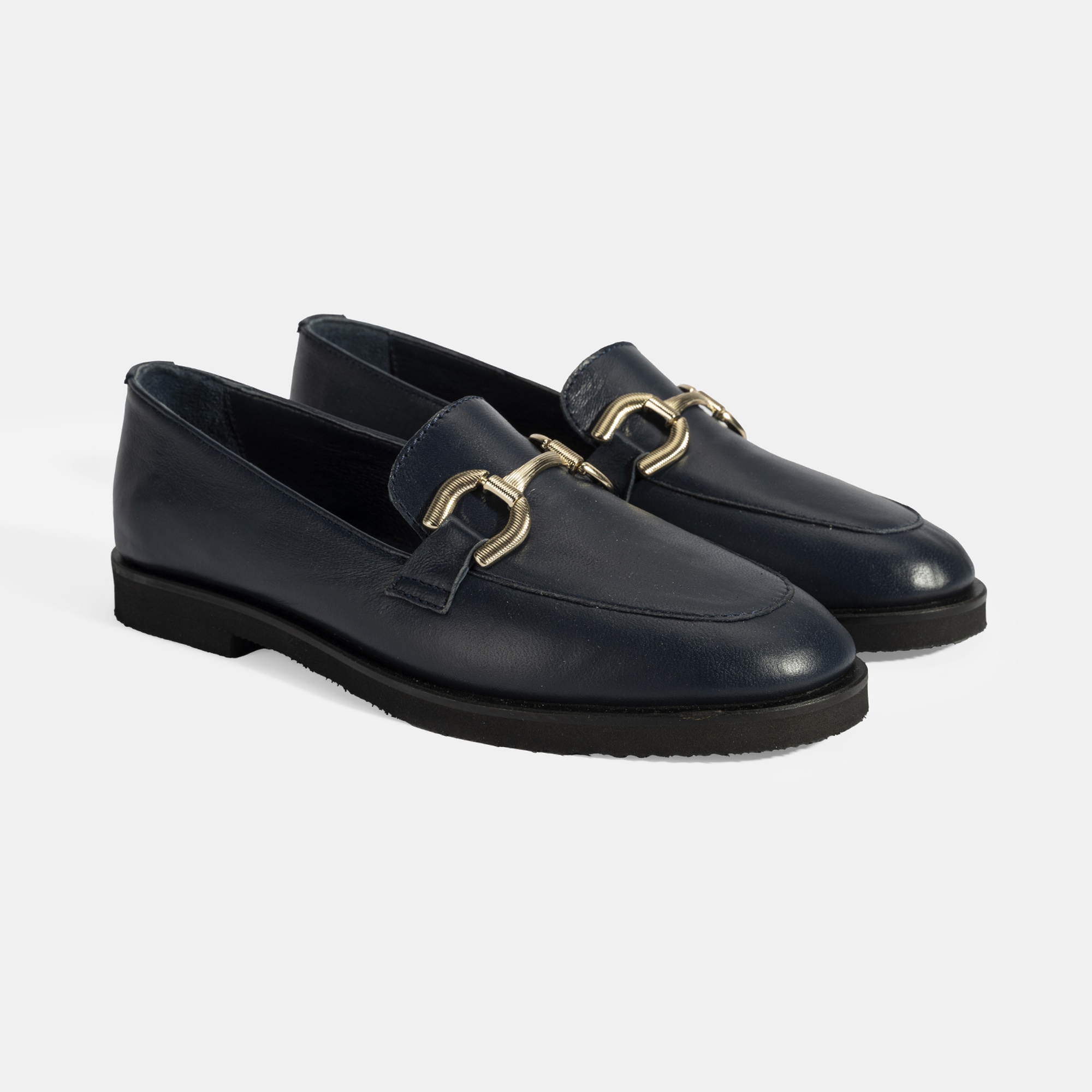 Kadın Lacivert Metal Toka Aksesuarlı Deri Loafer