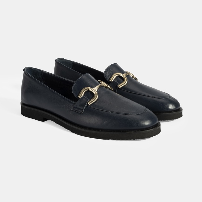  Kadın Lacivert Metal Toka Aksesuarlı Deri Loafer