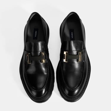  Erkek Siyah Metal Toka Detaylı Deri Loafer