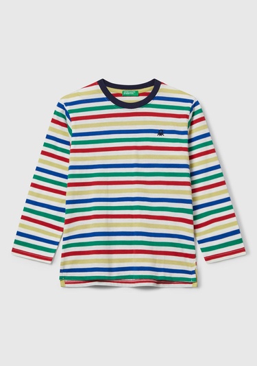  Erkek Çocuk Beyaz Mix Çizgi Desenli Uzun Kollu Bisiklet Yaka Regular Fit T-shirt