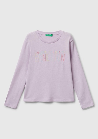  Kız Çocuk Lila Önü Parıltılı Logo Baskılı Slim Fit Uzun Kollu T-shirt