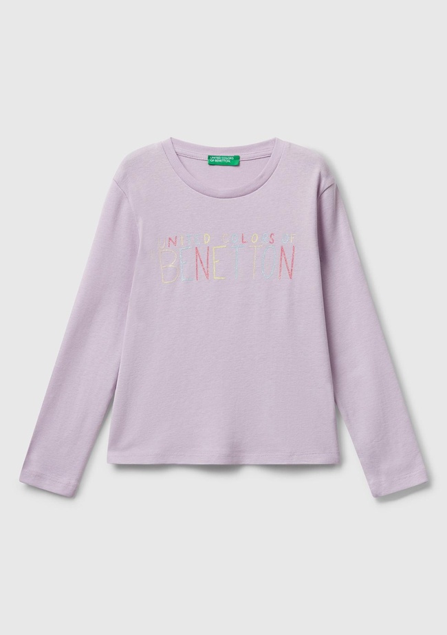  Kız Çocuk Lila Önü Parıltılı Logo Baskılı Slim Fit Uzun Kollu T-shirt