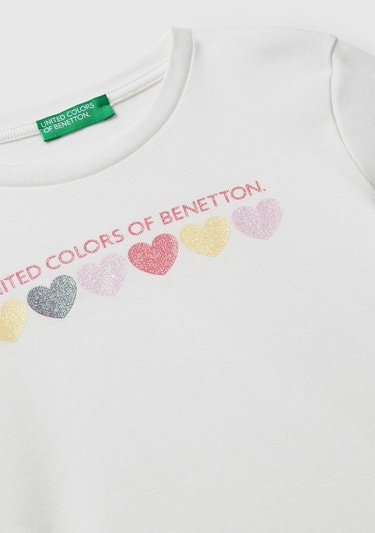  Kız Çocuk Ekru Önü Parıltılı Logo Baskılı Slim Fit Uzun Kollu T-shirt