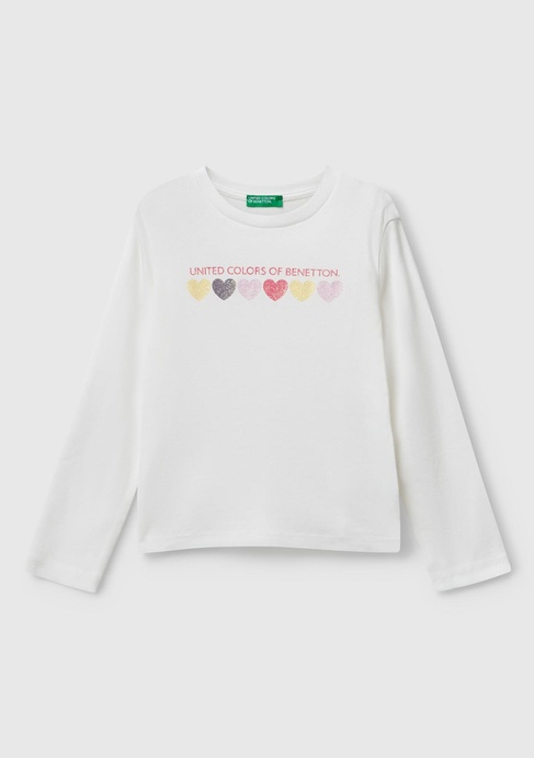  Kız Çocuk Ekru Önü Parıltılı Logo Baskılı Slim Fit Uzun Kollu T-shirt