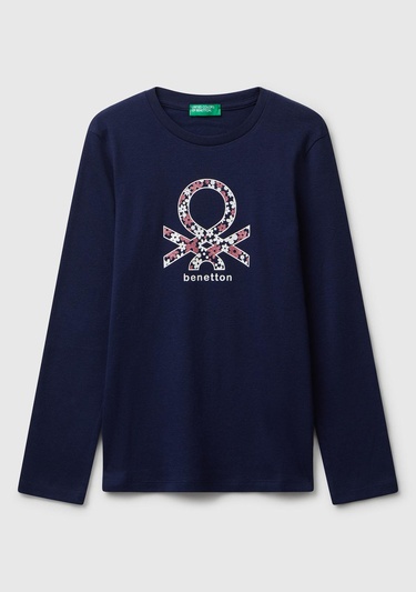  Kız Çocuk Lacivert Parıltılı Logo Baskılı Regular Fit Uzun Kollu T-shirt