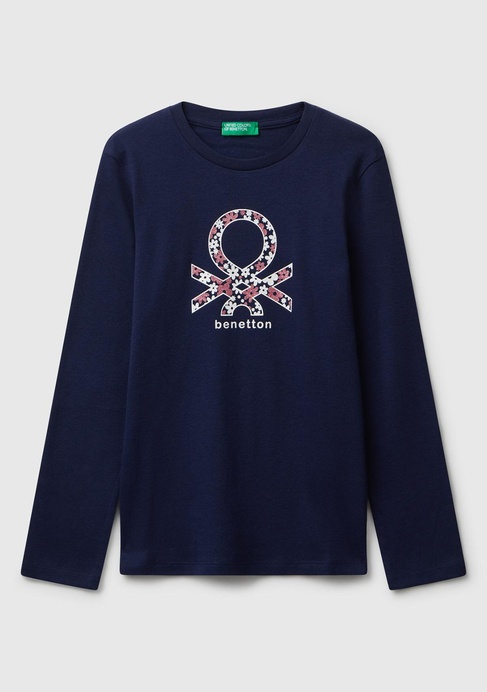  Kız Çocuk Lacivert Parıltılı Logo Baskılı Regular Fit Uzun Kollu T-shirt