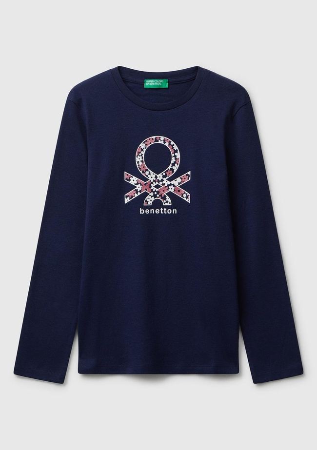  Kız Çocuk Lacivert Parıltılı Logo Baskılı Regular Fit Uzun Kollu T-shirt