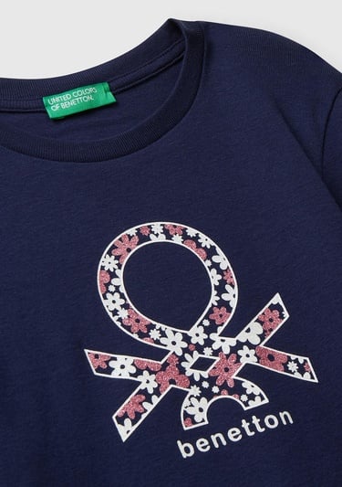  Kız Çocuk Lacivert Parıltılı Logo Baskılı Regular Fit Uzun Kollu T-shirt