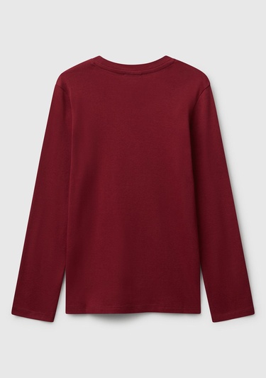  Kız Çocuk Bordo Parıltılı Logo Baskılı Regular Fit Uzun Kollu T-shirt