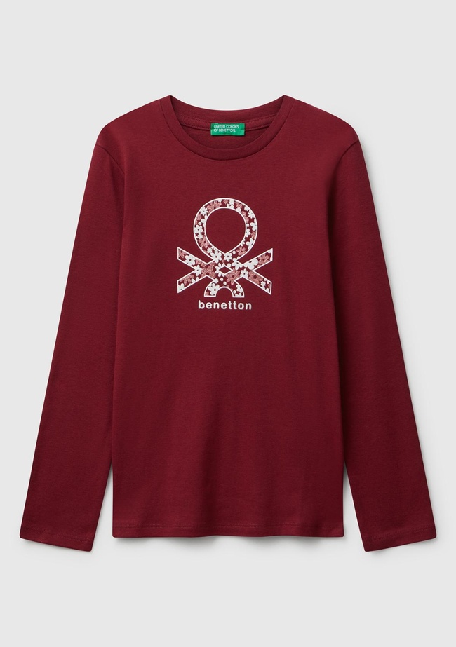  Kız Çocuk Bordo Parıltılı Logo Baskılı Regular Fit Uzun Kollu T-shirt