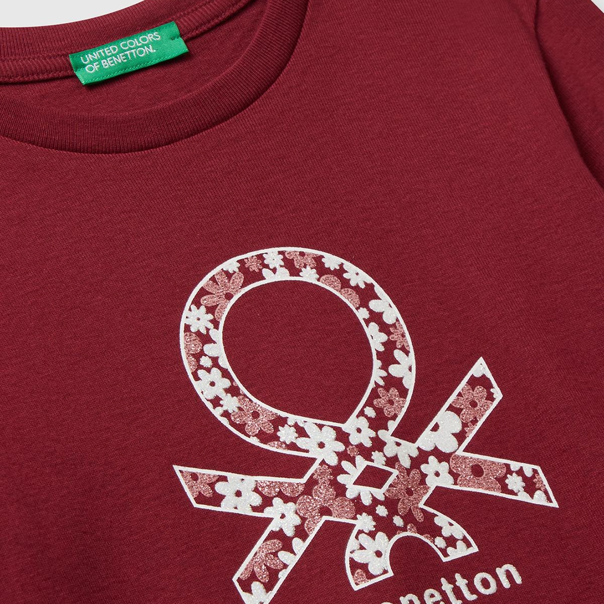 Kız Çocuk Bordo Parıltılı Logo Baskılı Regular Fit Uzun Kollu T-shirt